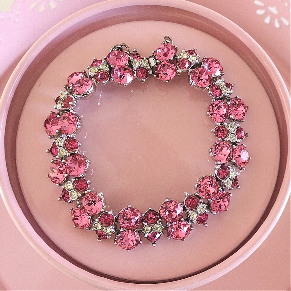 Bogoff Pretty in Pink rhinestone wide bracelet vintage